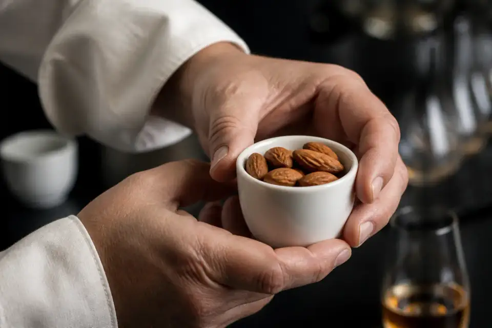 Una catadora con una copa de almendras