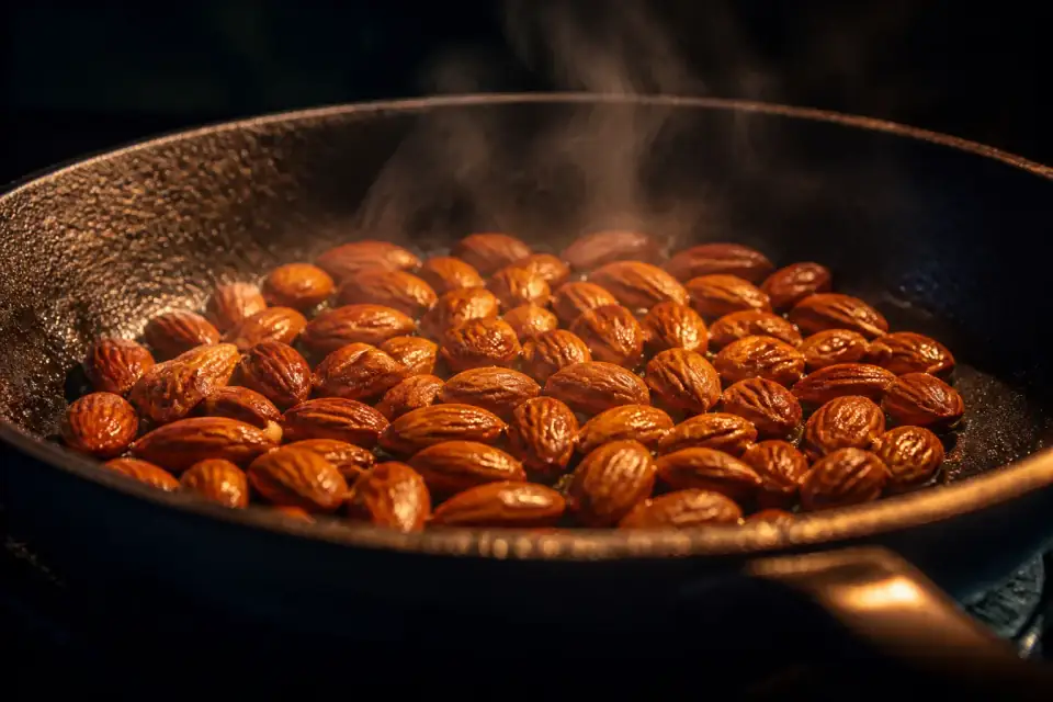 Almendras tostándose en un sartén de hierro
